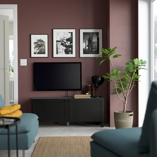 BESTÅ TV bench with doors, black-brown/Hanviken/Stubbarp black-brown, 120x42x48 cm