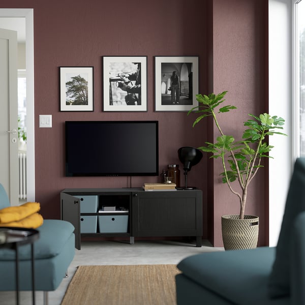 BESTÅ TV bench with doors, black-brown/Hanviken/Stubbarp black-brown, 120x42x48 cm