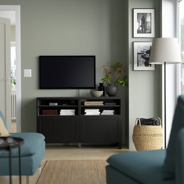 BESTÅ TV bench with doors, black-brown/Hanviken/Stubbarp black-brown, 120x42x74 cm