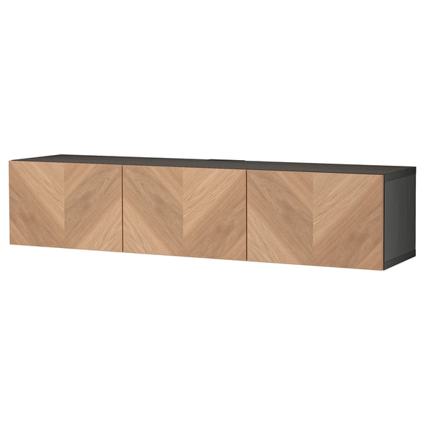 BESTÅ - BESTÅ TV bench with doors, black-brown/Hedeviken oak veneer, 180x42x38 cm