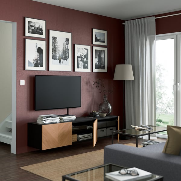 BESTÅ - BESTÅ TV bench with doors, black-brown/Hedeviken oak veneer, 180x42x38 cm
