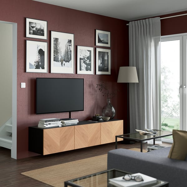 BESTÅ - BESTÅ TV bench with doors, black-brown/Hedeviken oak veneer, 180x42x38 cm