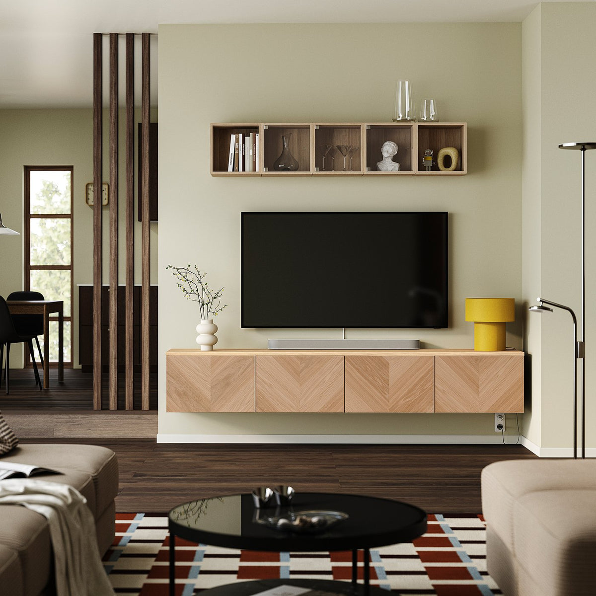 BESTÅ TV bench with doors, black-brown/Hedeviken oak veneer, 240x42x40 cm