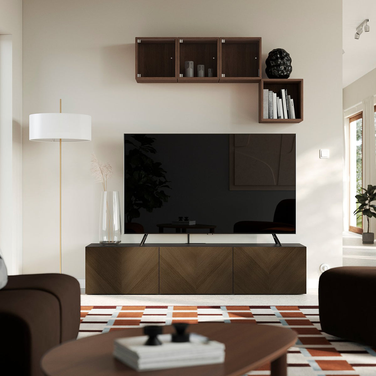 BESTÅ TV bench with doors, black-brown Hedeviken/brown stained oak veneer, 180x42x38 cm