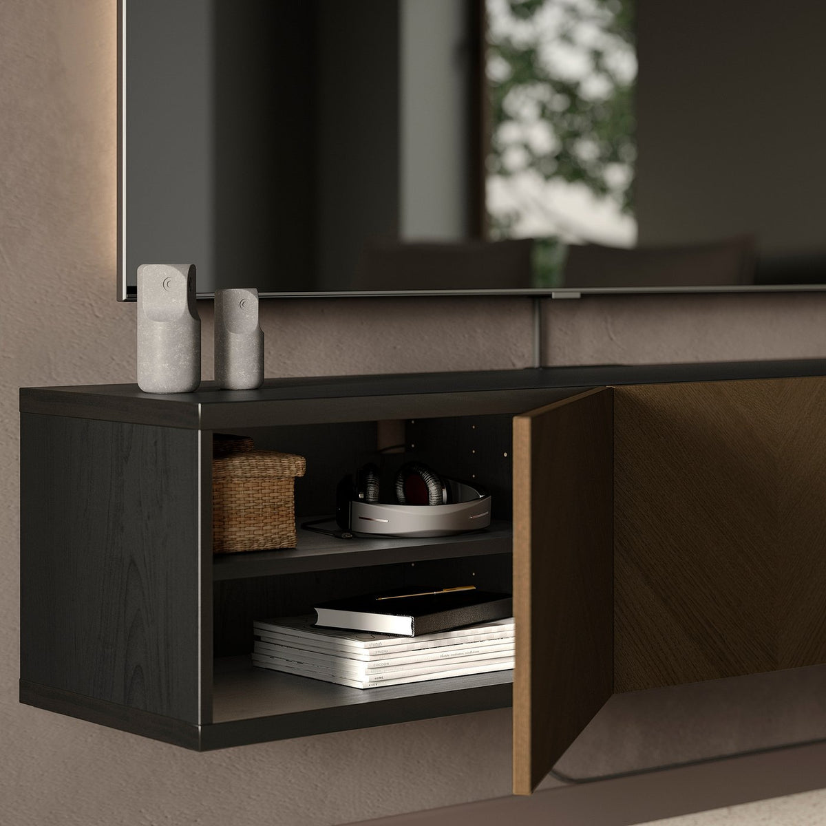 BESTÅ TV bench with doors, black-brown Hedeviken/brown stained oak veneer, 180x42x38 cm