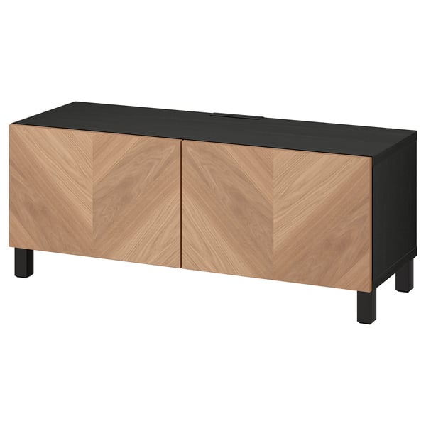BESTÅ - TV bench with doors, black-brown/Hedeviken/Stubbarp oak veneer, 120x42x48 cm
