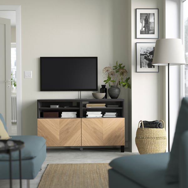 BESTÅ - BESTÅ TV bench with doors, black-brown/Hedeviken/Stubbarp oak veneer, 120x42x74 cm