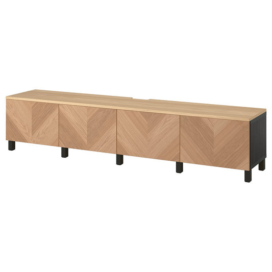 BESTÅ TV bench with doors, black-brown/Hedeviken/Stubbarp oak veneer, 240x42x50 cm