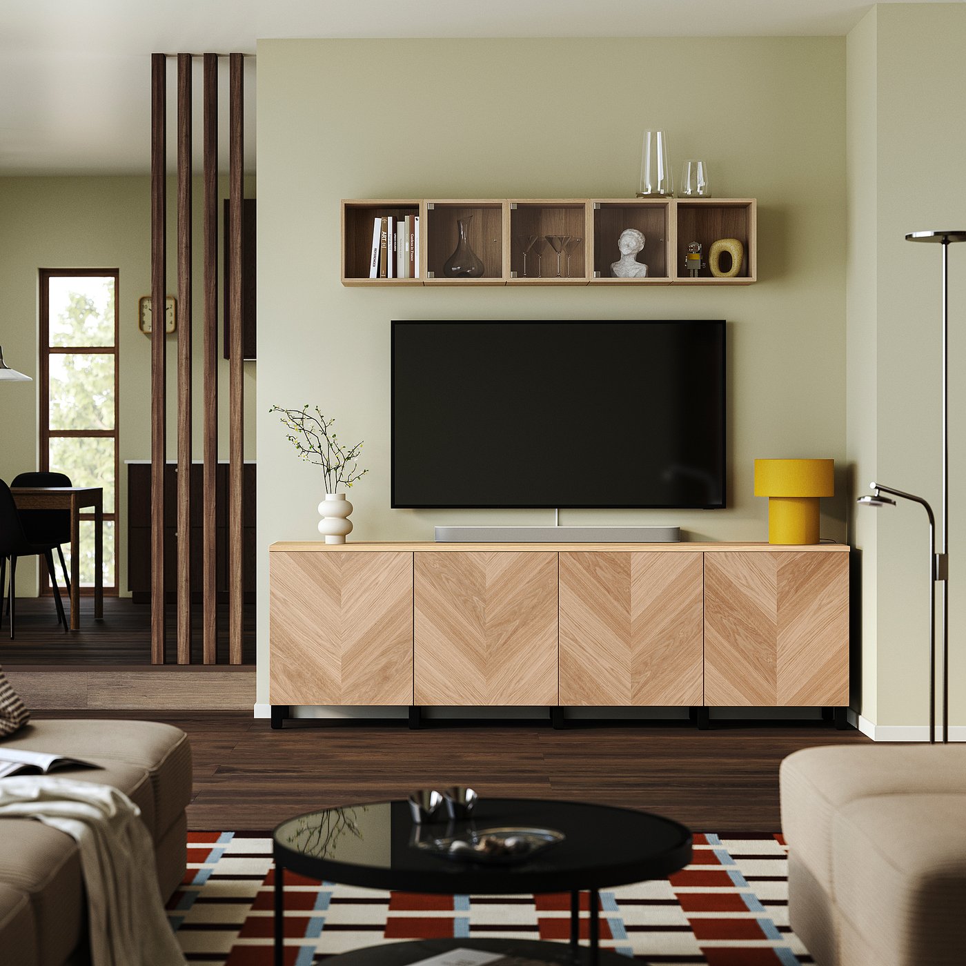 BESTÅ TV bench with doors, black-brown/Hedeviken/Stubbarp oak veneer, 240x42x76 cm