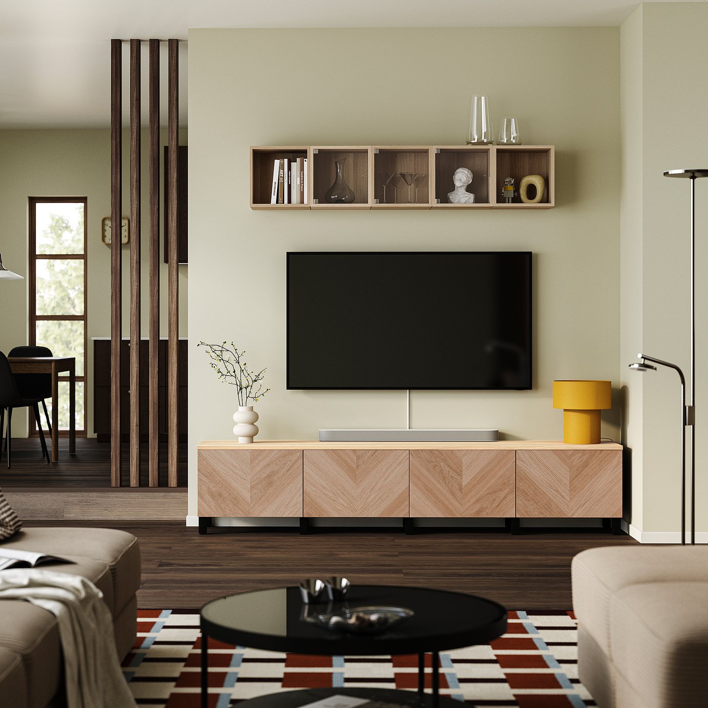 BESTÅ TV bench with doors, black-brown/Hedeviken/Stubbarp oak veneer, 240x42x50 cm