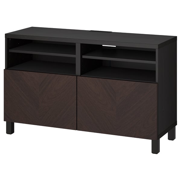 BESTÅ - BESTÅ TV bench with doors, black-brown Hedeviken/Stubbarp/dark brown stained oak veneer, 120x42x74 cm
