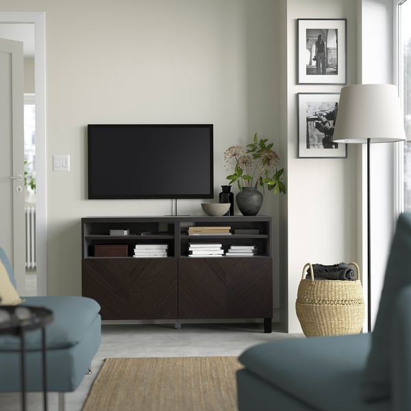 BESTÅ - BESTÅ TV bench with doors, black-brown Hedeviken/Stubbarp/dark brown stained oak veneer, 120x42x74 cm