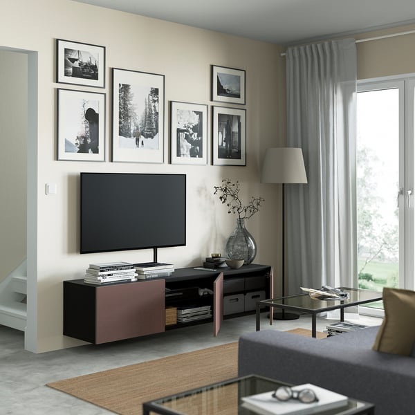 BESTÅ TV bench with doors, black-brown/Hjortviken brown, 180x42x38 cm