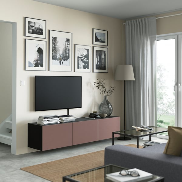 BESTÅ TV bench with doors, black-brown/Hjortviken brown, 180x42x38 cm
