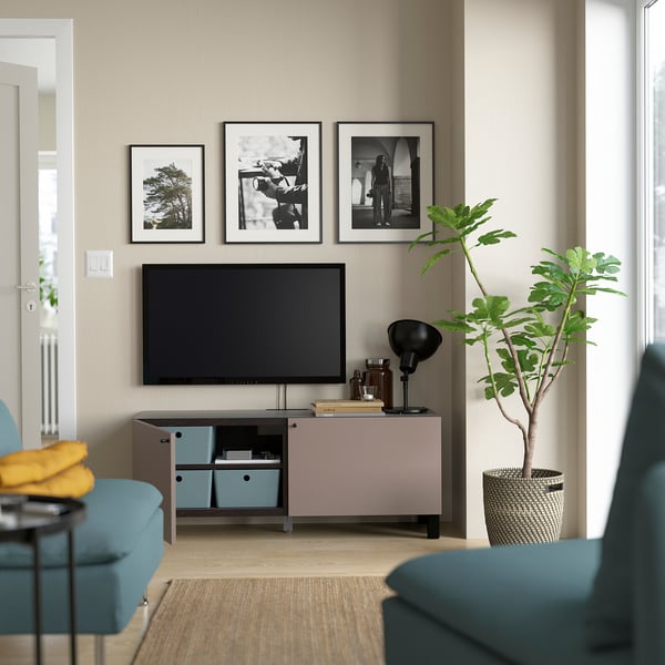 BESTÅ TV bench with doors, black-brown/Hjortviken/Stubbarp brown, 120x42x48 cm