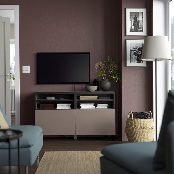 BESTÅ TV bench with doors, black-brown/Hjortviken/Stubbarp brown, 120x42x74 cm
