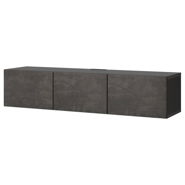 BESTÅ - BESTÅ TV bench with doors, black-brown/Kallviken concrete effect, 180x42x38 cm
