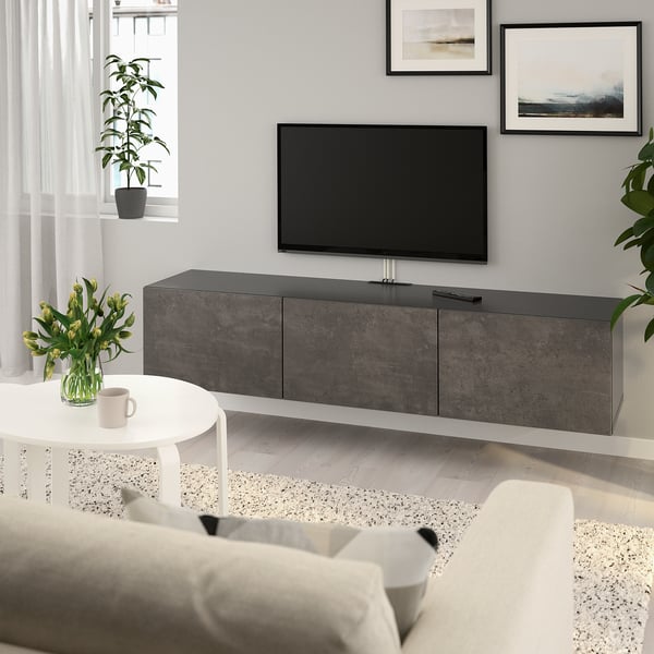 BESTÅ - BESTÅ TV bench with doors, black-brown/Kallviken concrete effect, 180x42x38 cm