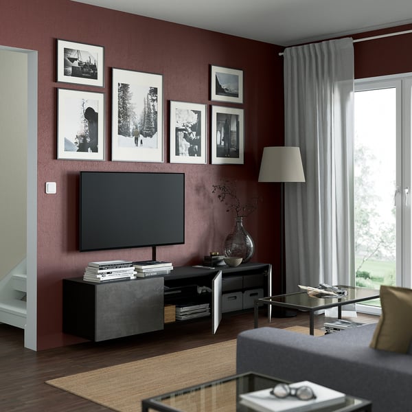 BESTÅ - BESTÅ TV bench with doors, black-brown/Kallviken concrete effect, 180x42x38 cm
