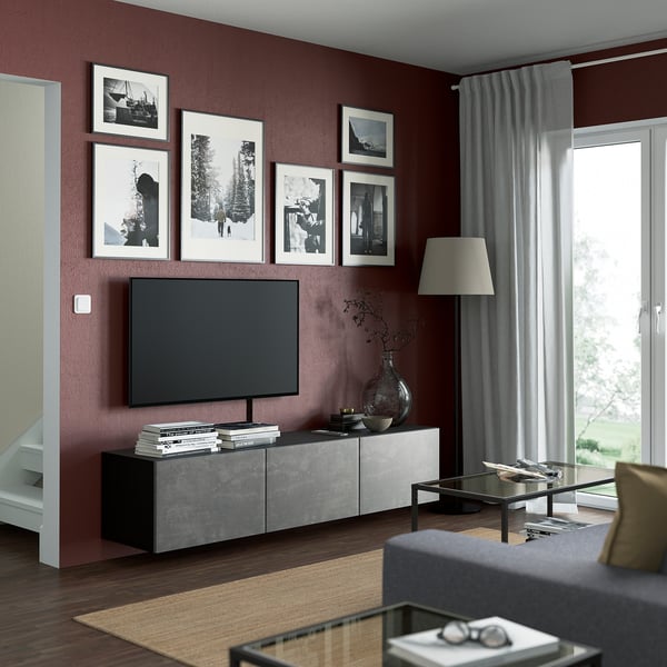 BESTÅ TV bench with doors, black-brown/Kallviken concrete effect, 180x42x38 cm