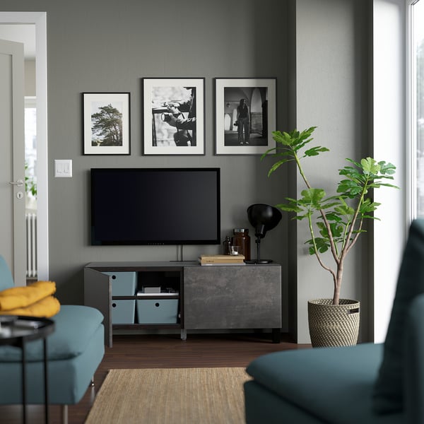 BESTÅ - BESTÅ TV bench with doors, black-brown/Kallviken/Stubbarp dark grey, 120x42x48 cm