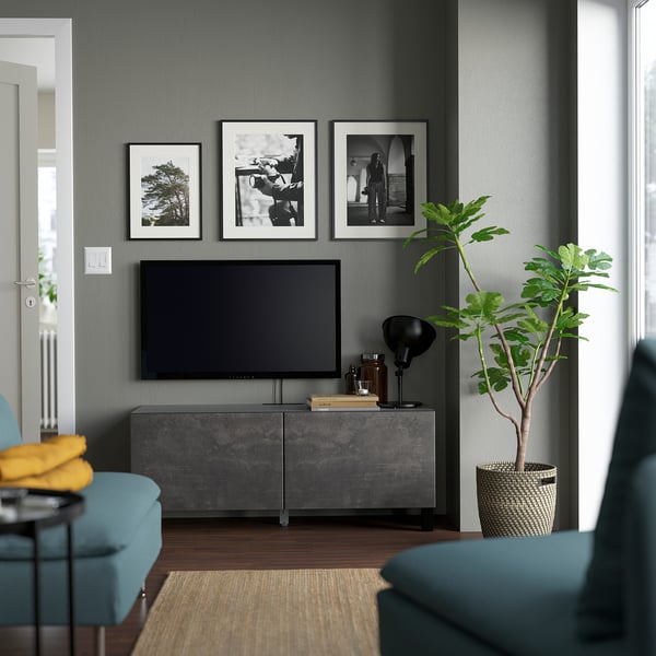 BESTÅ - BESTÅ TV bench with doors, black-brown/Kallviken/Stubbarp dark grey, 120x42x48 cm