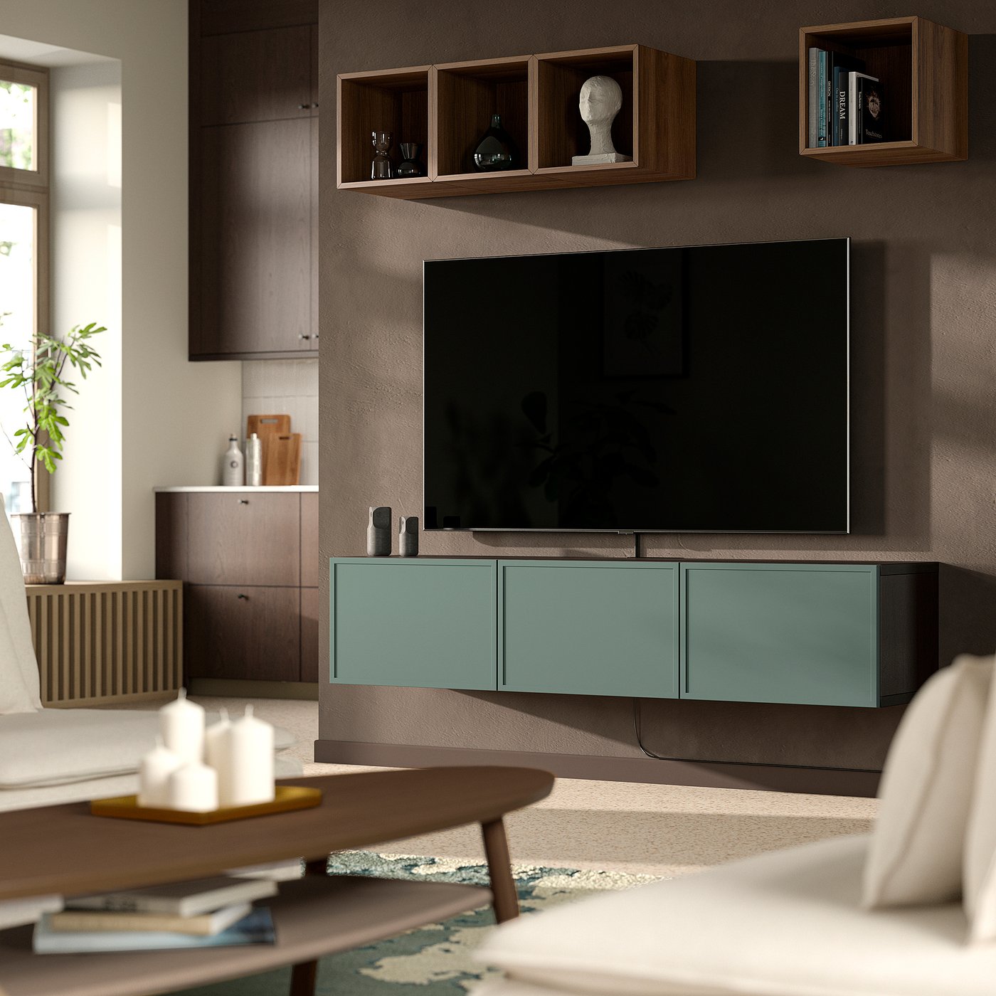 BESTÅ TV bench with doors, black-brown/Krukmakare dark grey-green, 180x42x38 cm