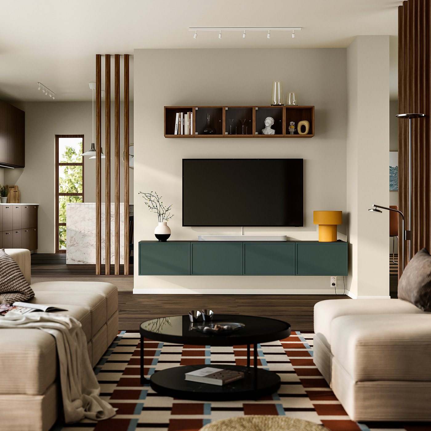 BESTÅ TV bench with doors, black-brown/Krukmakare dark grey-green, 240x38x42 cm