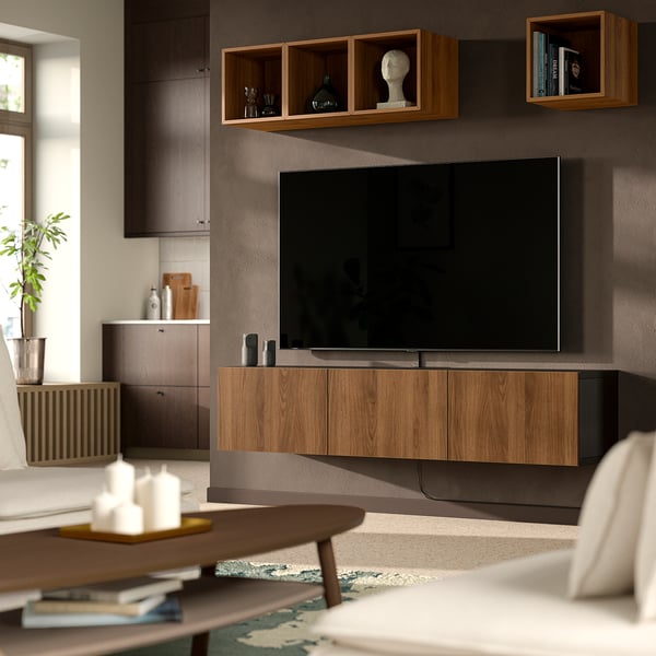 BESTÅ TV bench with doors, black-brown/Lappviken walnut effect, 180x42x38 cm