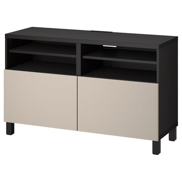 BESTÅ - BESTÅ TV bench with doors, black-brown/Lappviken/Stubbarp light grey/beige, 120x42x74 cm