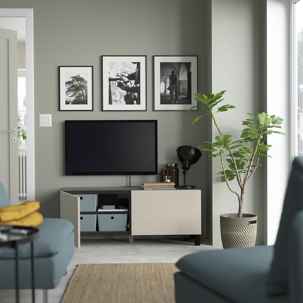 BESTÅ TV bench with doors, black-brown/Lappviken/Stubbarp light grey/beige, 120x42x48 cm