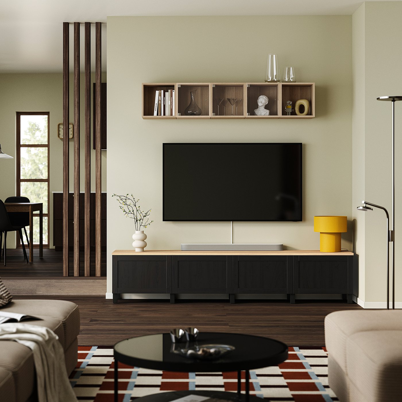 BESTÅ TV bench with doors, black-brown/Lappviken/Stubbarp black-brown, 240x42x50 cm