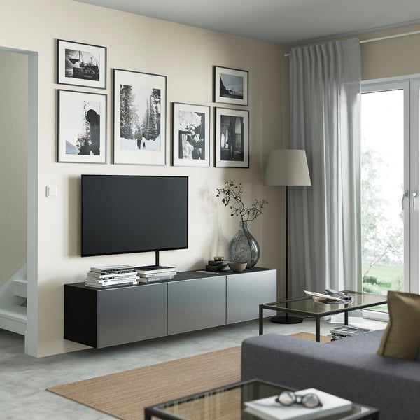 BESTÅ TV bench with doors, black-brown/Riksviken brushed dark pewter effect, 180x42x38 cm