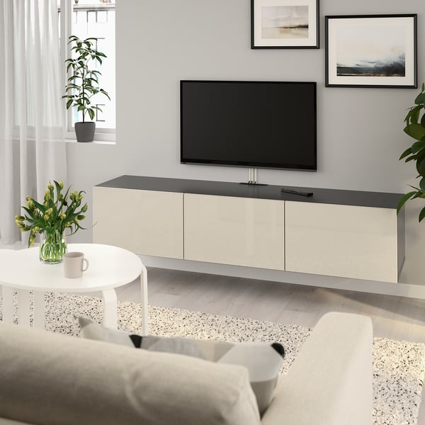 BESTÅ Mobile TV with doors - brown-black/Selsviken glossy/beige 180x42x38 cm ,