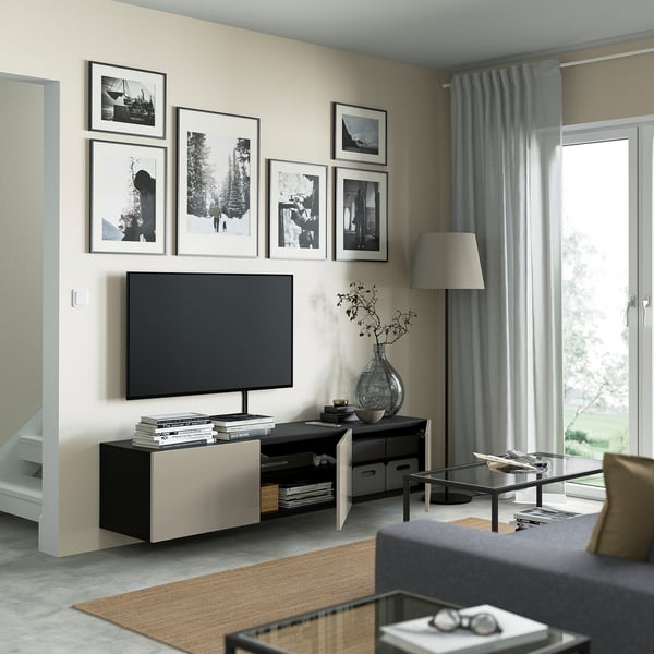 BESTÅ Mobile TV with doors - brown-black/Selsviken glossy/beige 180x42x38 cm ,