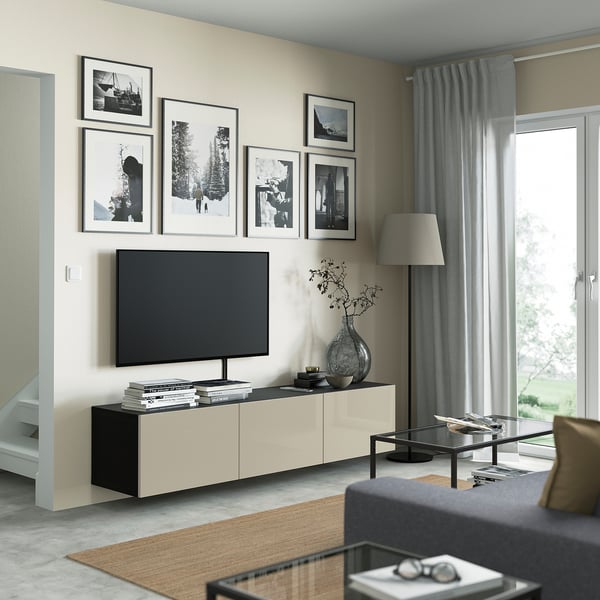 BESTÅ Mobile TV with doors - brown-black/Selsviken glossy/beige 180x42x38 cm ,