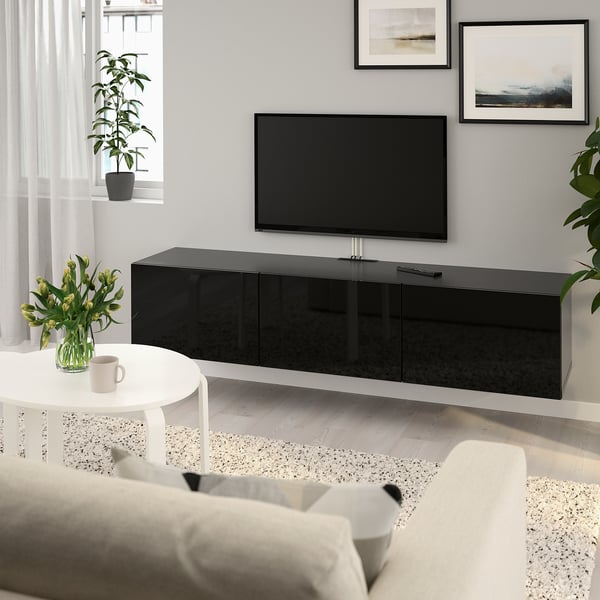 BESTÅ TV bench with doors, black-brown/Selsviken high-gloss/black, 180x42x38 cm