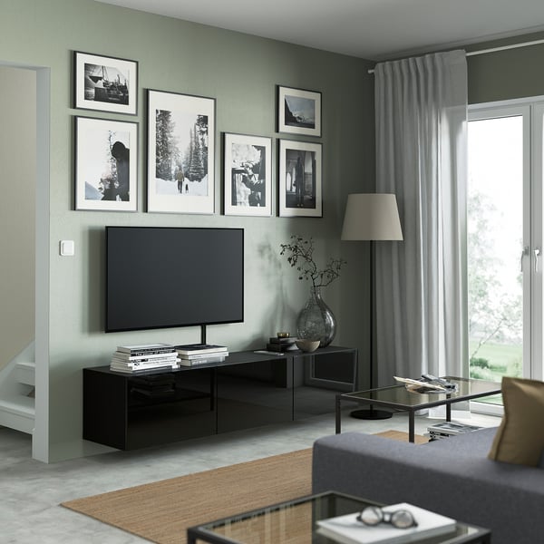 BESTÅ TV bench with doors, black-brown/Selsviken high-gloss/black, 180x42x38 cm