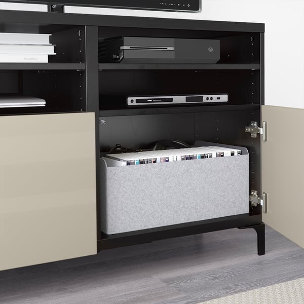 BESTÅ TV bench with doors, black-brown/Selsviken/Nannarp high-gloss/beige, 120x42x74 cm