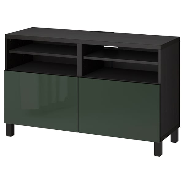 BESTÅ TV bench with doors, black-brown/Selsviken/Stubbarp dark olive-green, 120x42x74 cm