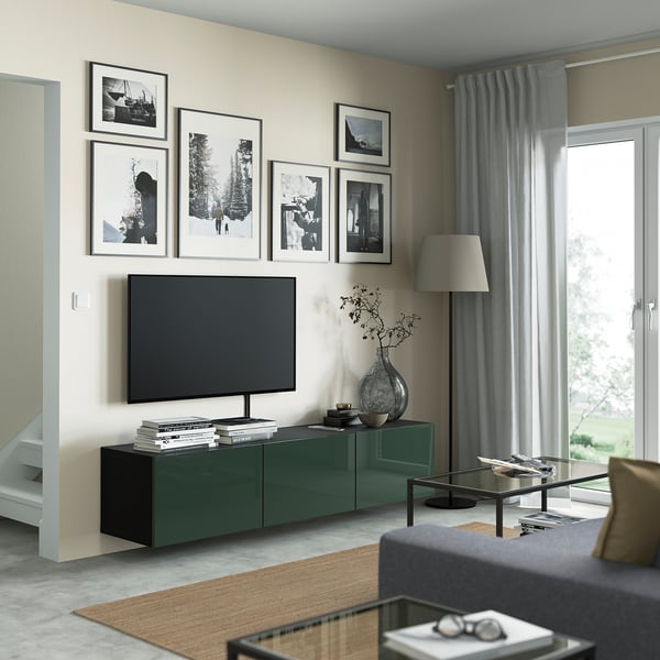 BESTÅ TV bench with doors, black-brown/Selsviken dark olive-green, 180x42x38 cm