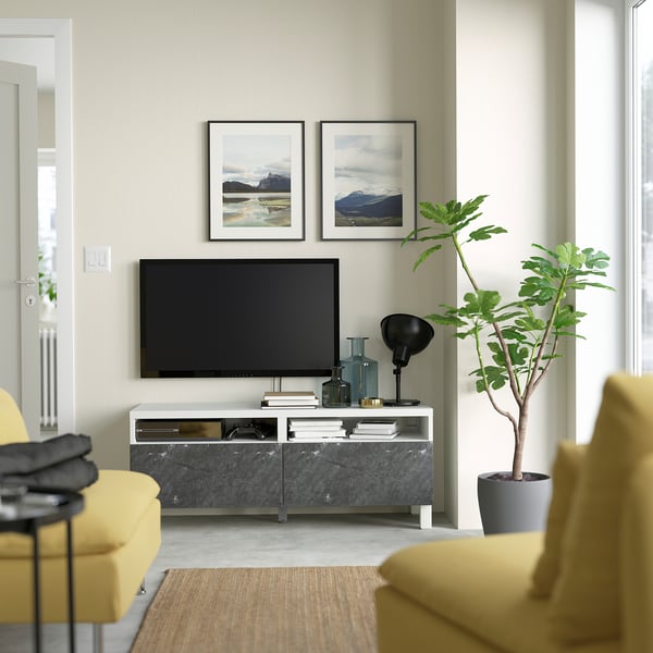 BESTÅ TV bench with drawers, white/Bergsviken/Stubbarp black, 120x42x48 cm