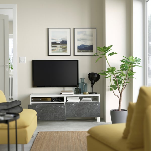 BESTÅ - TV bench with drawers, white/Bergsviken/Stubbarp black, 120x42x48 cm