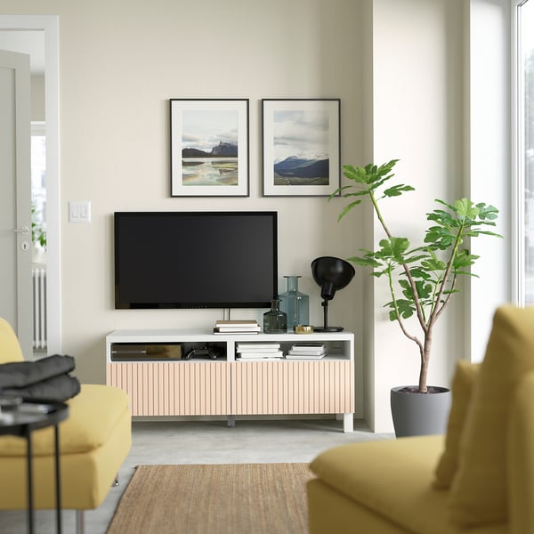 BESTÅ TV bench with drawers, white/Björköviken/Stubbarp birch veneer, 120x42x48 cm
