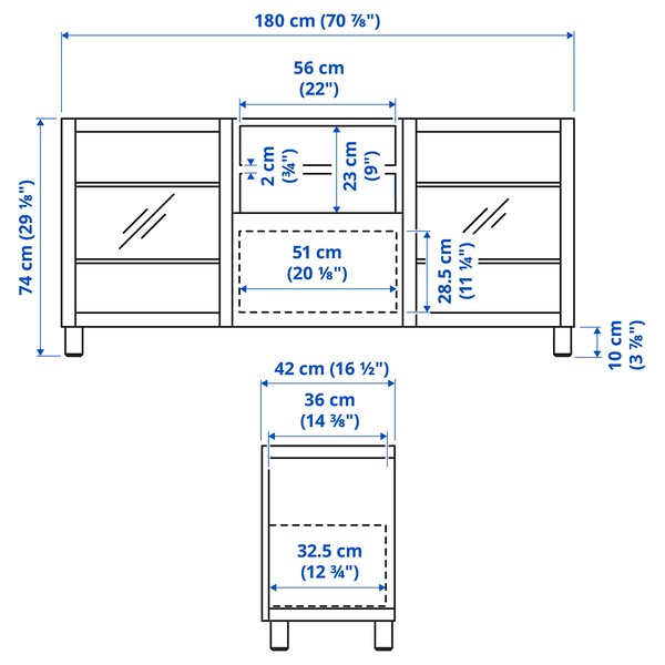 BESTÅ - TV bench with drawers, white Glassvik/Selsviken/Ösarp light grey-blue, 180x42x74 cm