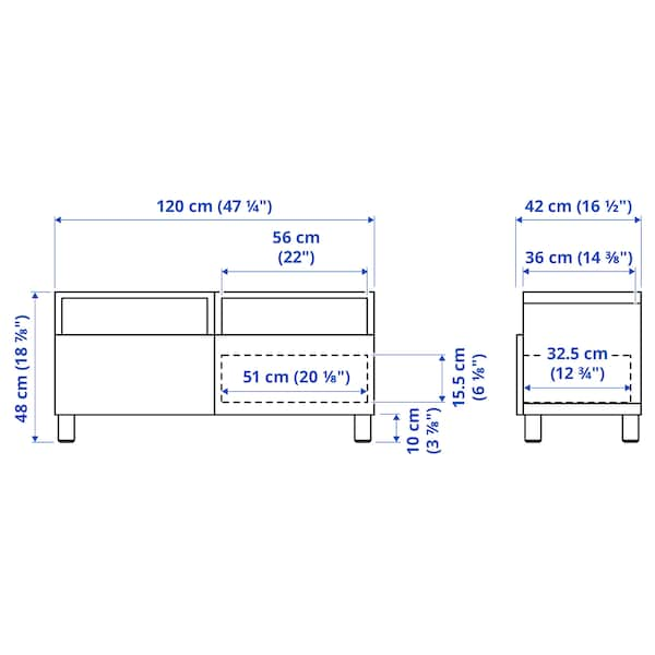 BESTÅ - TV bench with drawers, white/Hanviken/Stubbarp white, 120x42x48 cm