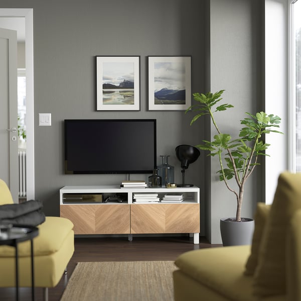 BESTÅ - BESTÅ TV bench with drawers, white/Hedeviken/Stubbarp oak veneer, 120x42x48 cm