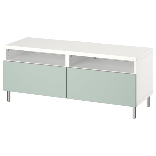 BESTÅ TV bench with drawers, white/Hjortviken/Ösarp pale grey-green, 120x42x48 cm