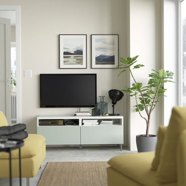 BESTÅ TV bench with drawers, white/Hjortviken/Ösarp pale grey-green, 120x42x48 cm