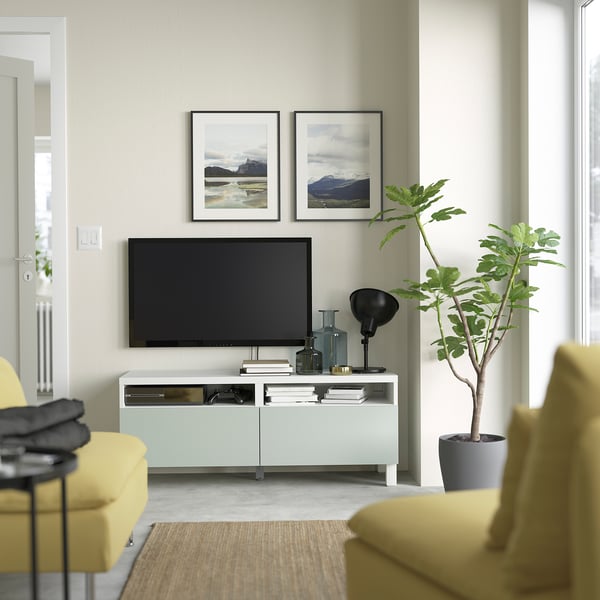 BESTÅ TV bench with drawers, white/Hjortviken/Stubbarp pale grey-green, 120x42x48 cm